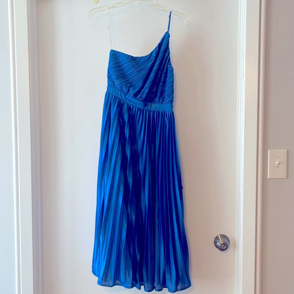 Royal Blue Pleated Satin One-Shoulder Midi Dress